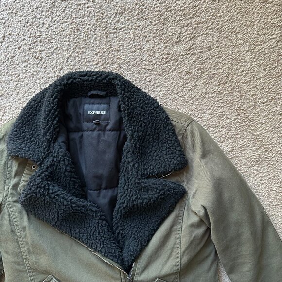 Express Jacket Womens Extra Small Full Zip Notch Green Cotton Fleece Lined - Picture 5 of 13